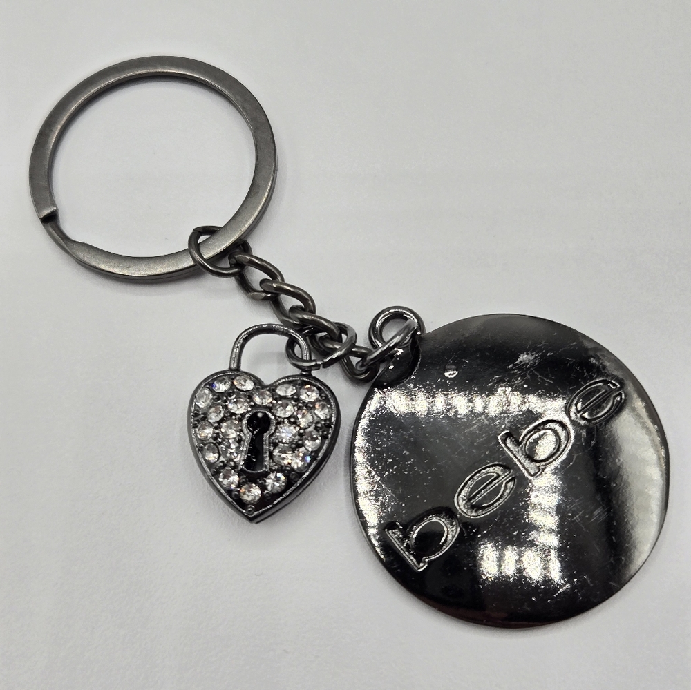 Bebe Crystal Lock Circle Charm Keychain Keyring Gunmetal